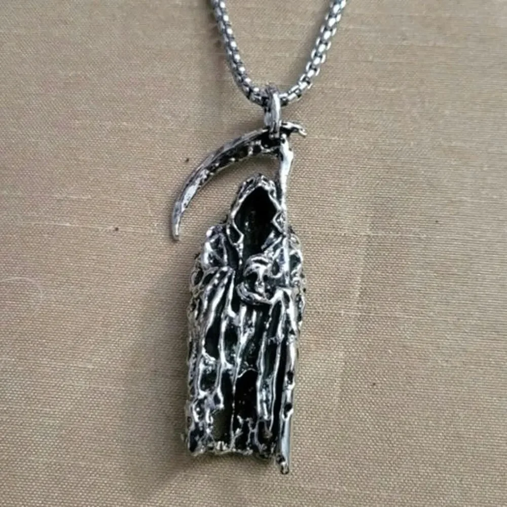 3D Grim Reaper necklace, silver stainless steel round box chain
